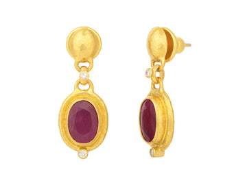 GURHAN, GURHAN Muse Gold Ruby Single Drop Earrings, 11x8mm Oval Stone set in Wide Frame on Post Top