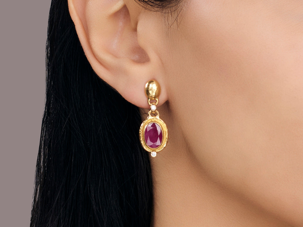 GURHAN, GURHAN Muse Gold Ruby Single Drop Earrings, 11x8mm Oval Stone set in Wide Frame on Post Top