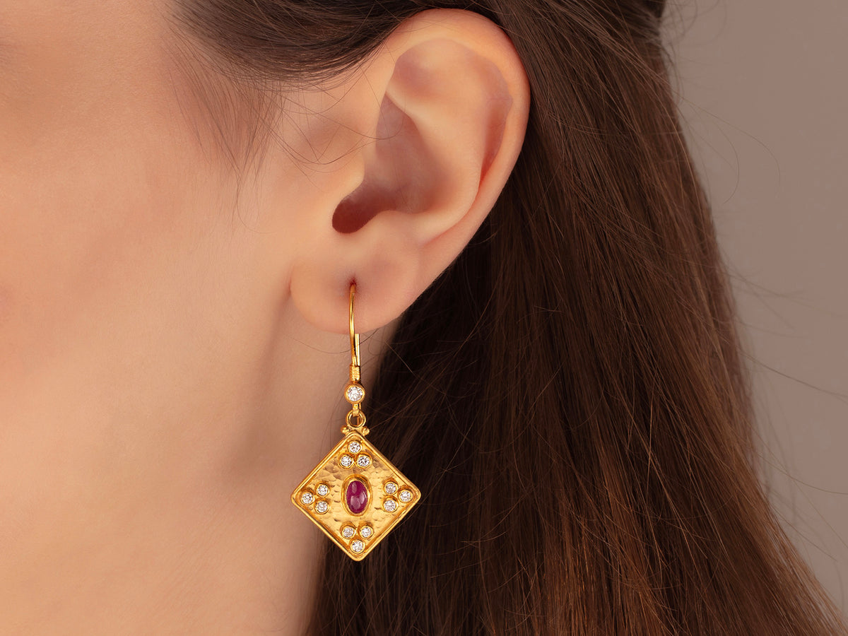 GURHAN, GURHAN Muse Gold Single Drop Earrings, 21.5mm Square on Wire Hook, Ruby