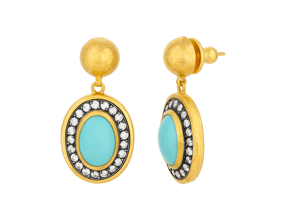 GURHAN, GURHAN Muse Gold Turquoise Single Drop Earrings, 14x10mm Oval set in Blackened White Gold Frame