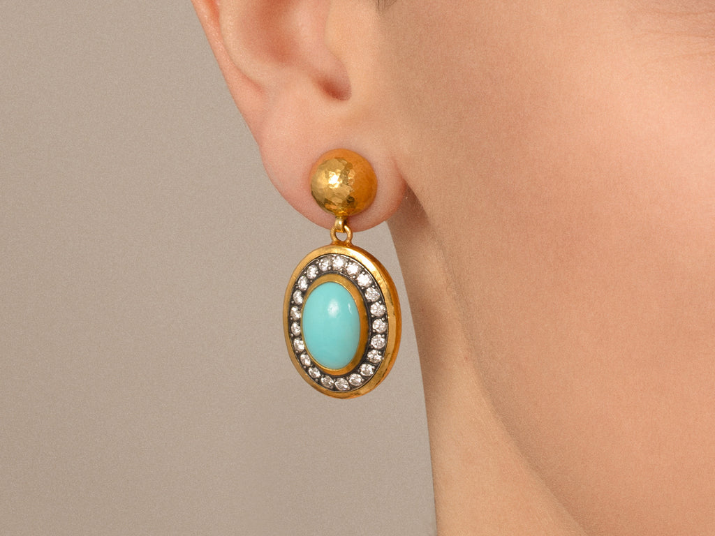 GURHAN, GURHAN Muse Gold Turquoise Single Drop Earrings, 14x10mm Oval set in Blackened White Gold Frame