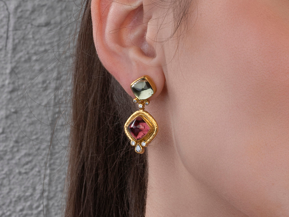 GURHAN, GURHAN Muse Gold Single Drop Earrings, Mixed Squares, with Tourmaline and Diamond