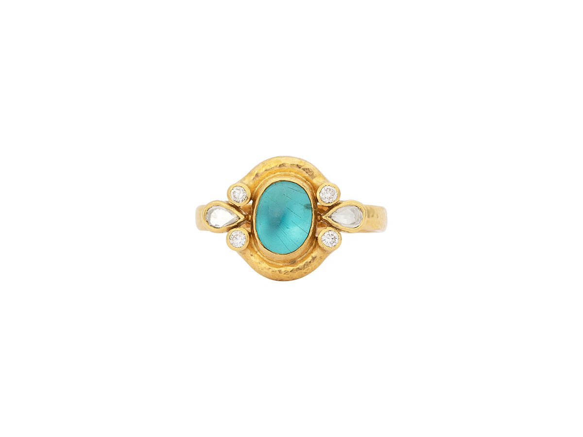 GURHAN, GURHAN Muse Gold Stone Cocktail Ring, 8x6mm Oval set in Wide Frame, with Apatite and Diamond