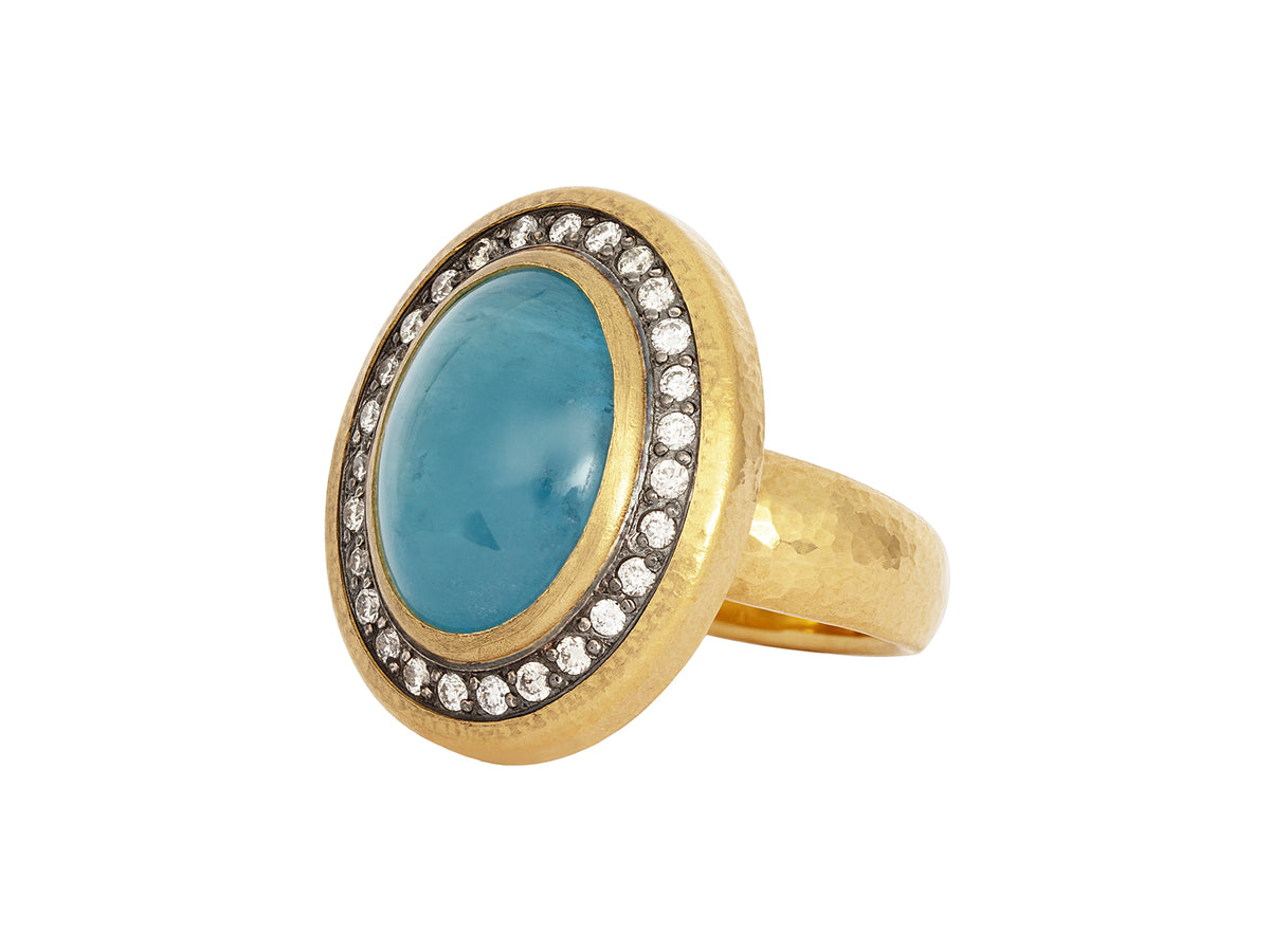 GURHAN, GURHAN Muse Gold Stone Cocktail Ring, 18x13mm Oval set in Blackened Frame, Aquamarine and Diamond