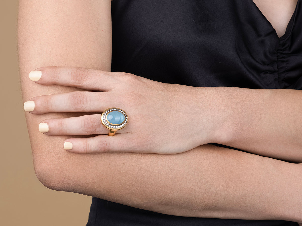 GURHAN, GURHAN Muse Gold Stone Cocktail Ring, 18x13mm Oval set in Blackened Frame, Aquamarine and Diamond