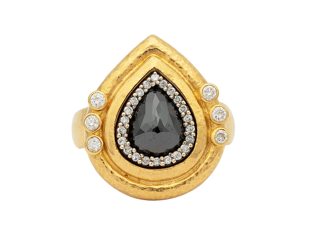 GURHAN, GURHAN Muse Gold Stone Cocktail Ring, 12x10mm Center Stone set in Pave and Wide Frame, Black and White Diamond