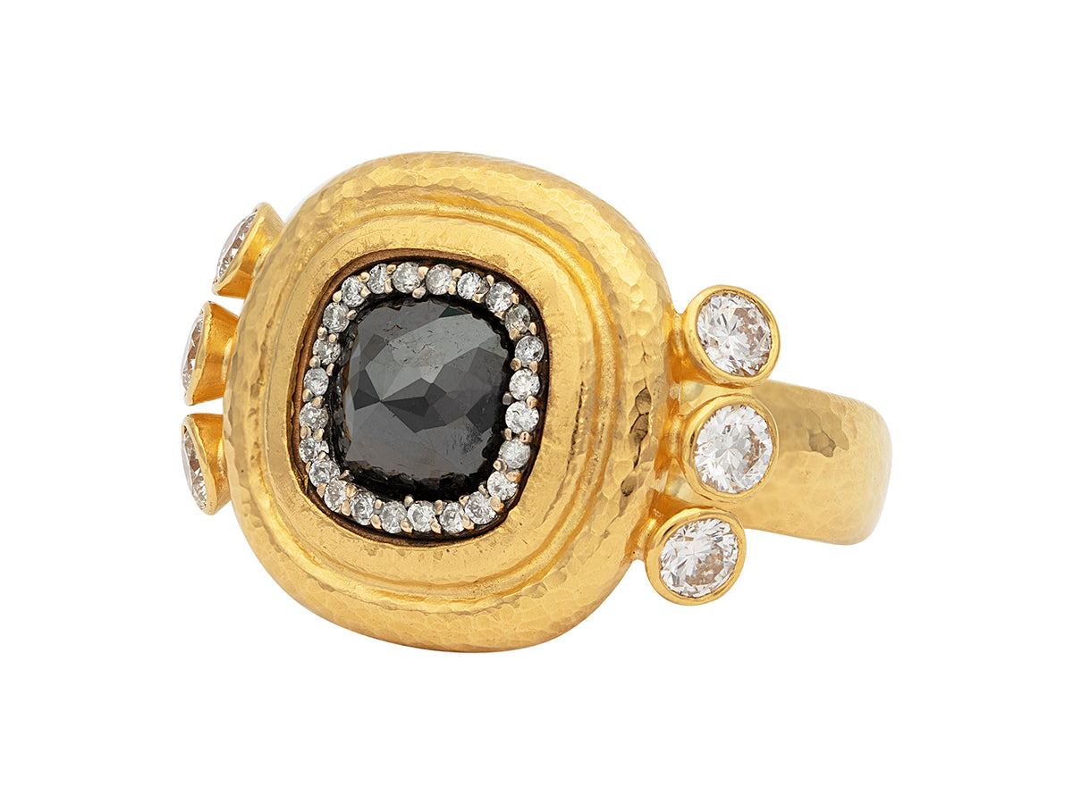 GURHAN, GURHAN Muse Gold Stone Cocktail Ring, 10mm Square Stone set in Pave and Wide Frame, Black and White Diamond