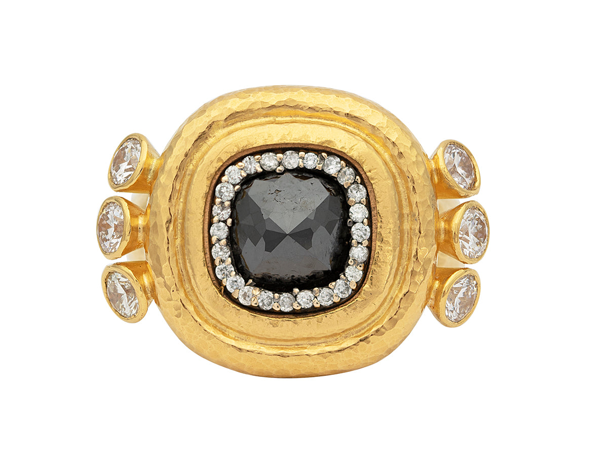 GURHAN, GURHAN Muse Gold Stone Cocktail Ring, 10mm Square Stone set in Pave and Wide Frame, Black and White Diamond