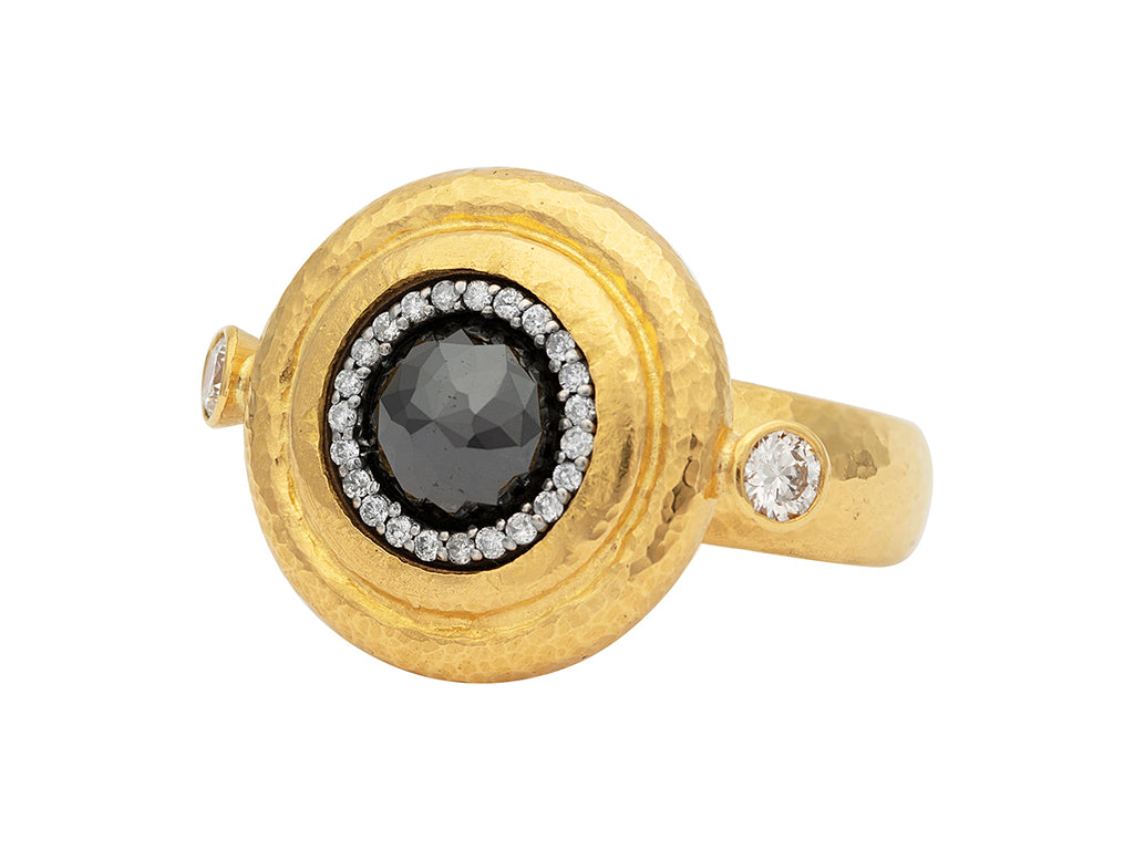 GURHAN, GURHAN Muse Gold Black and White Diamond Cocktail Ring, 10mm Round Center Stone set in Pave and Wide Gold Frame