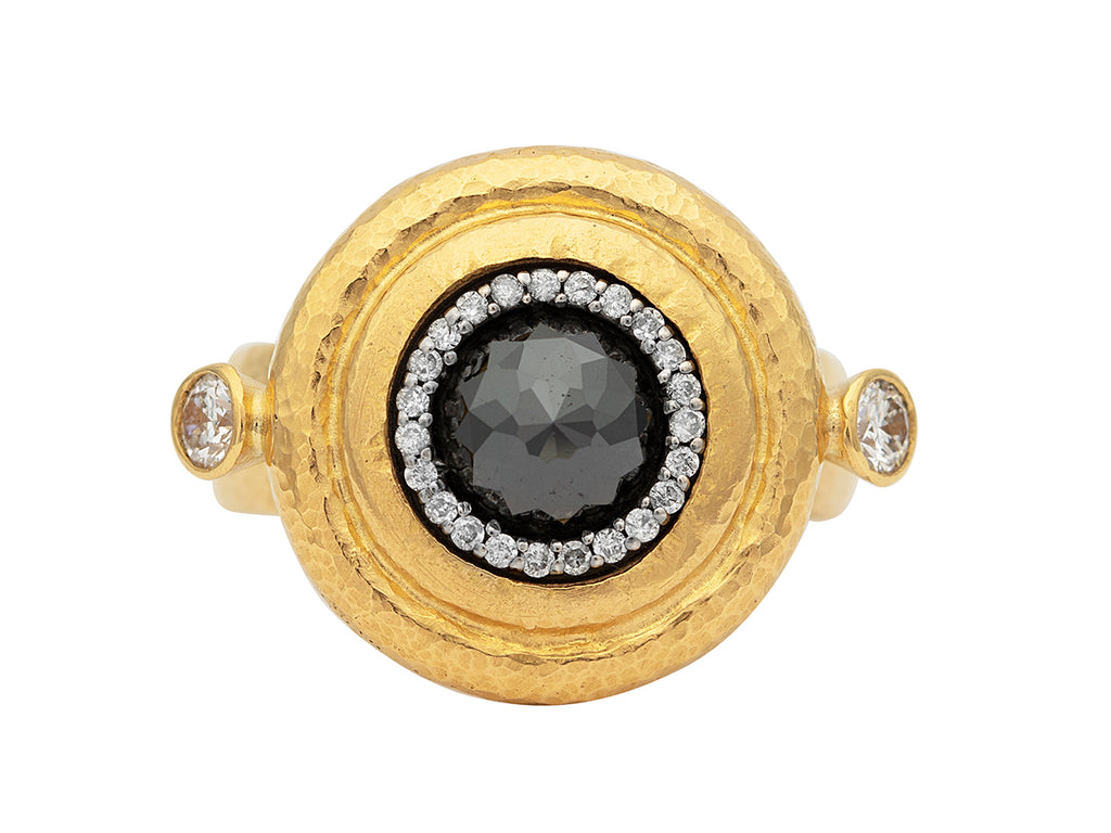 GURHAN, GURHAN Muse Gold Black and White Diamond Cocktail Ring, 10mm Round Center Stone set in Pave and Wide Gold Frame