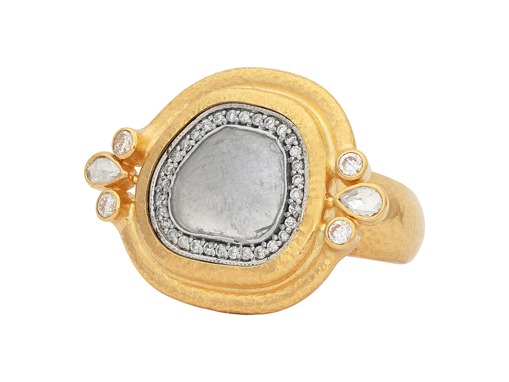 GURHAN, GURHAN Muse Gold Stone Cocktail Ring, 12x10mm Amorphous set in Wide Frame, with Diamond Slice and Pave