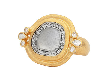 GURHAN, GURHAN Muse Gold Stone Cocktail Ring, 12x10mm Amorphous set in Wide Frame, with Diamond Slice and Pave