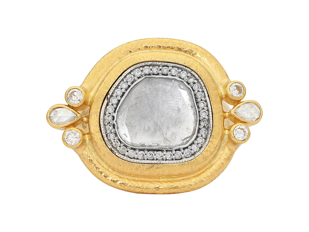 GURHAN, GURHAN Muse Gold Stone Cocktail Ring, 12x10mm Amorphous set in Wide Frame, with Diamond Slice and Pave