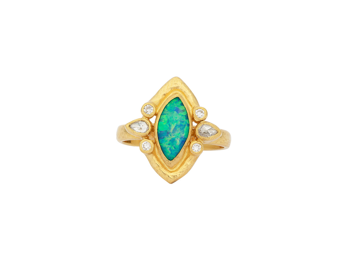GURHAN, GURHAN Muse Gold Stone Cocktail Ring, 12x6mm Marquise set in Wide Frame, with Opal and Diamond