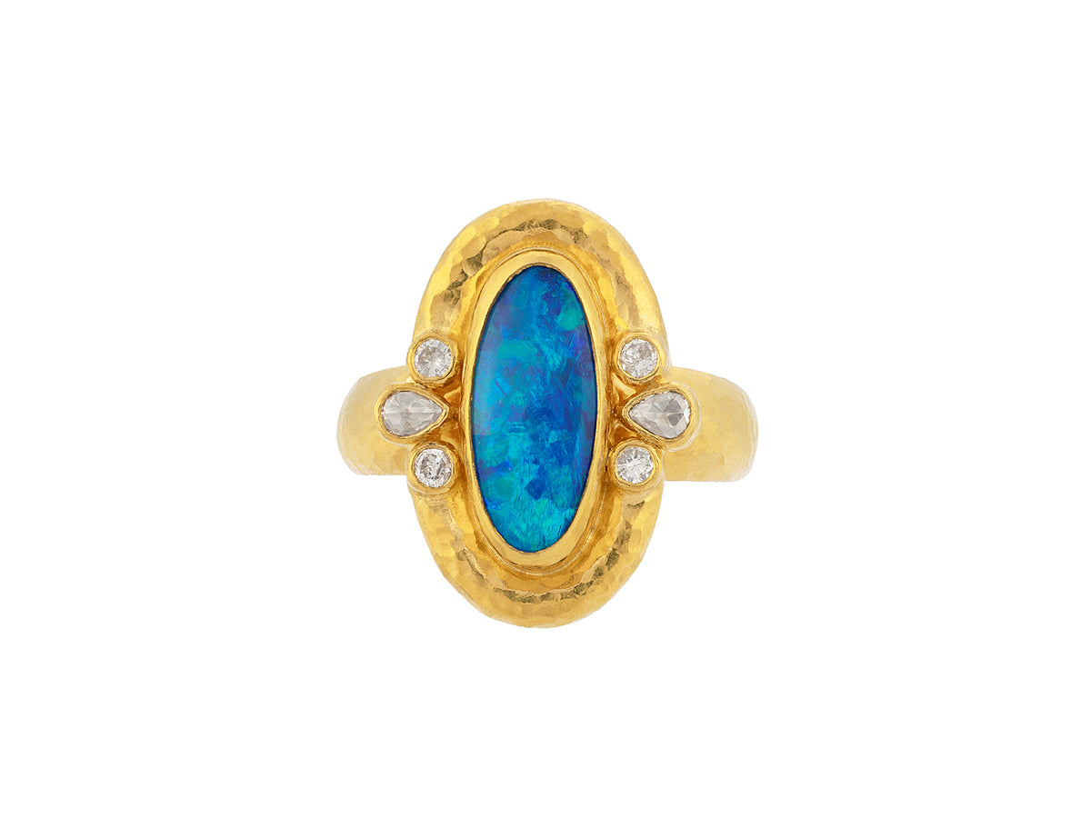 GURHAN, GURHAN Muse Gold Stone Cocktail Ring, 16x8mm Oval set in Wide Frame, Opal and Diamond