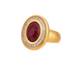 GURHAN, GURHAN Muse Gold Stone Cocktail Ring, 13x10mm Oval set in Wide Frame, Ruby and Diamond Pave