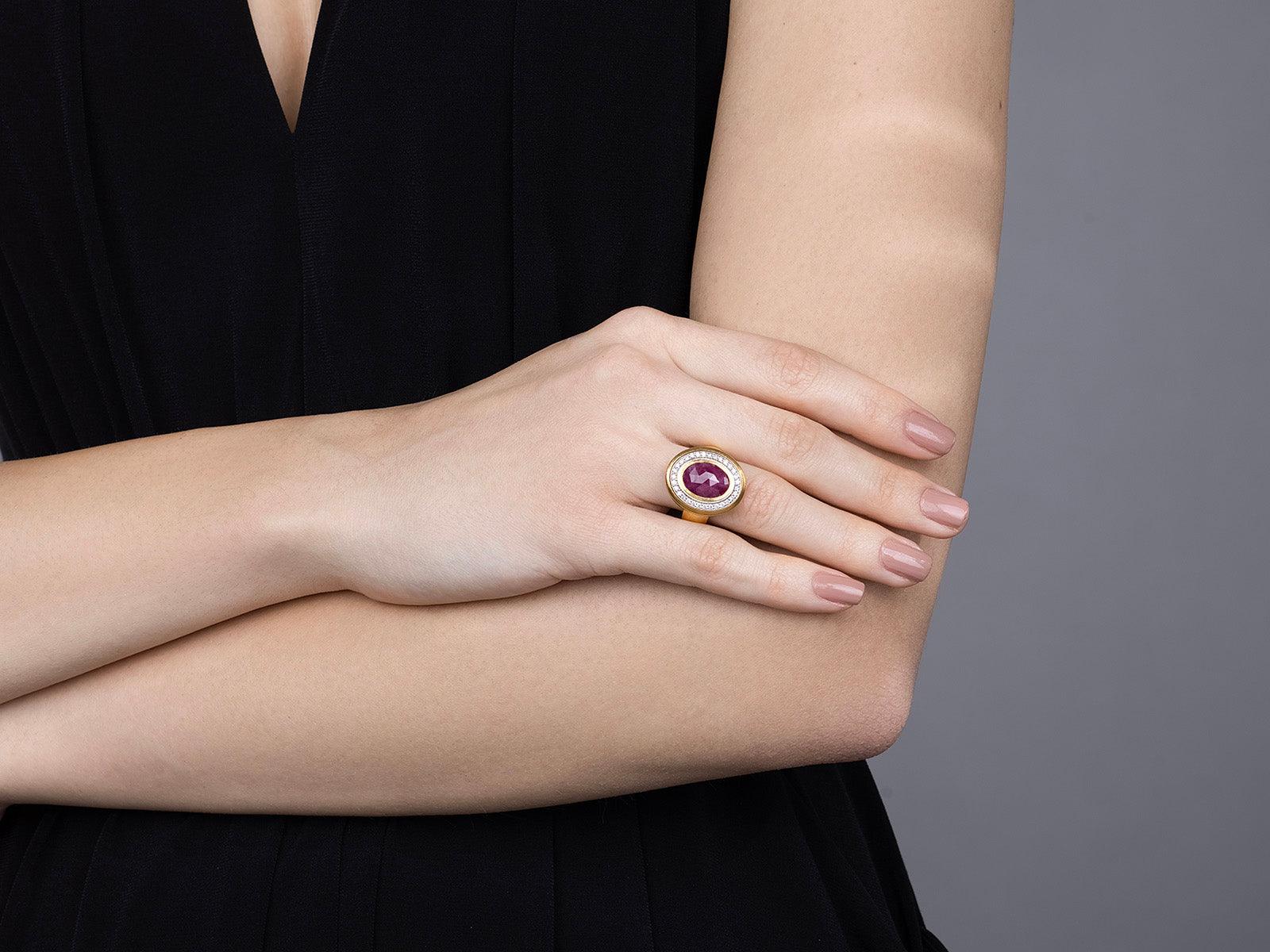 GURHAN Muse Gold Ruby Cocktail Ring, 13x10mm Oval Inside Diamond Pave