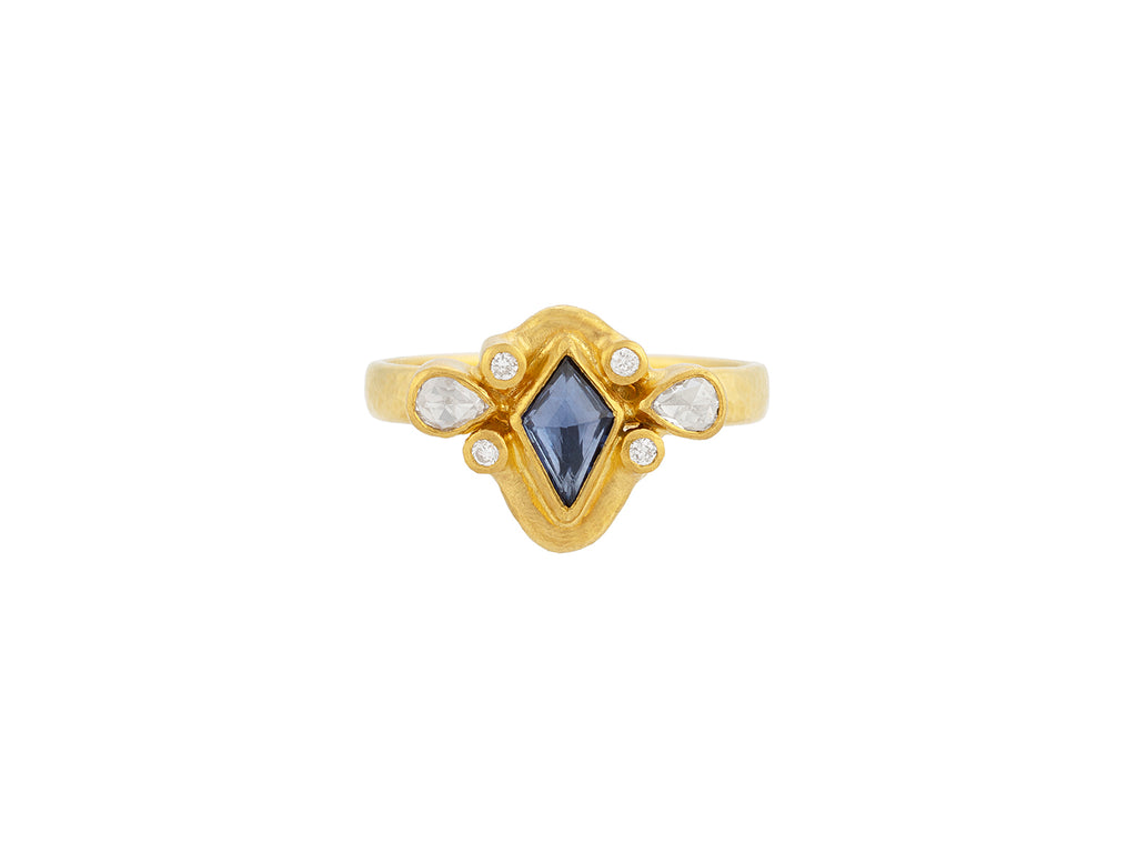 GURHAN, GURHAN Muse Gold Stone Cocktail Ring, 7x5mm Kite Shape set in Wide Frame, Sapphire and Diamond