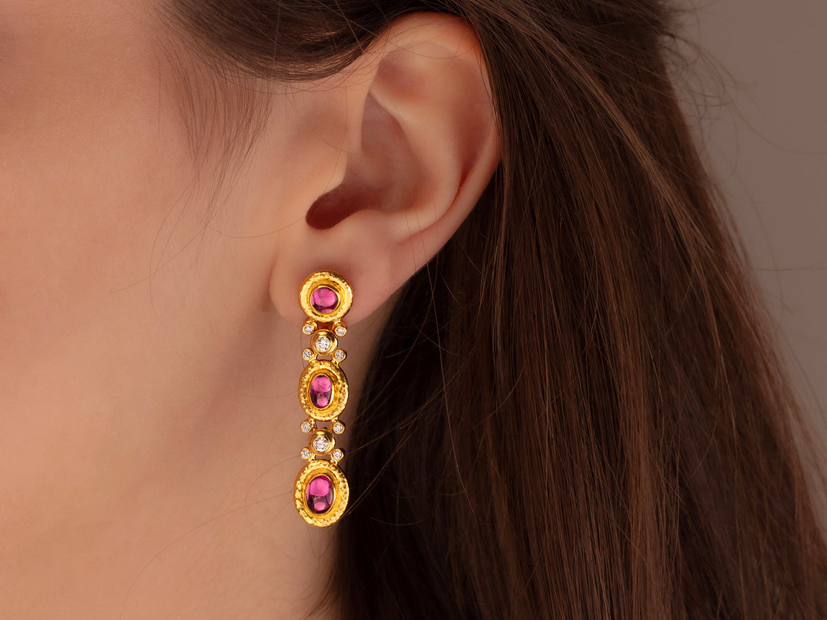 GURHAN, GURHAN Muse Gold Triple Drop Earrings, Mixed Oval and Round set in Wide Frame, Tourmaline and Diamond