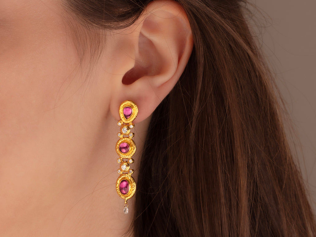 GURHAN, GURHAN Muse Gold Tourmaline Triple Drop Earrings, Mixed Oval and Round set in Wide Frame