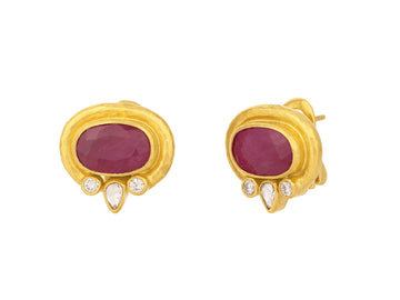 GURHAN, GURHAN Muse Gold Ruby Stud Earrings, 12x8mm Oval Stone set in Wide Frame