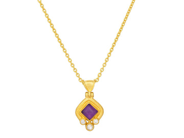 GURHAN, GURHAN Muse Gold Pendant Necklace, 6mm Square set in Wide Frame, Amethyst and Diamond