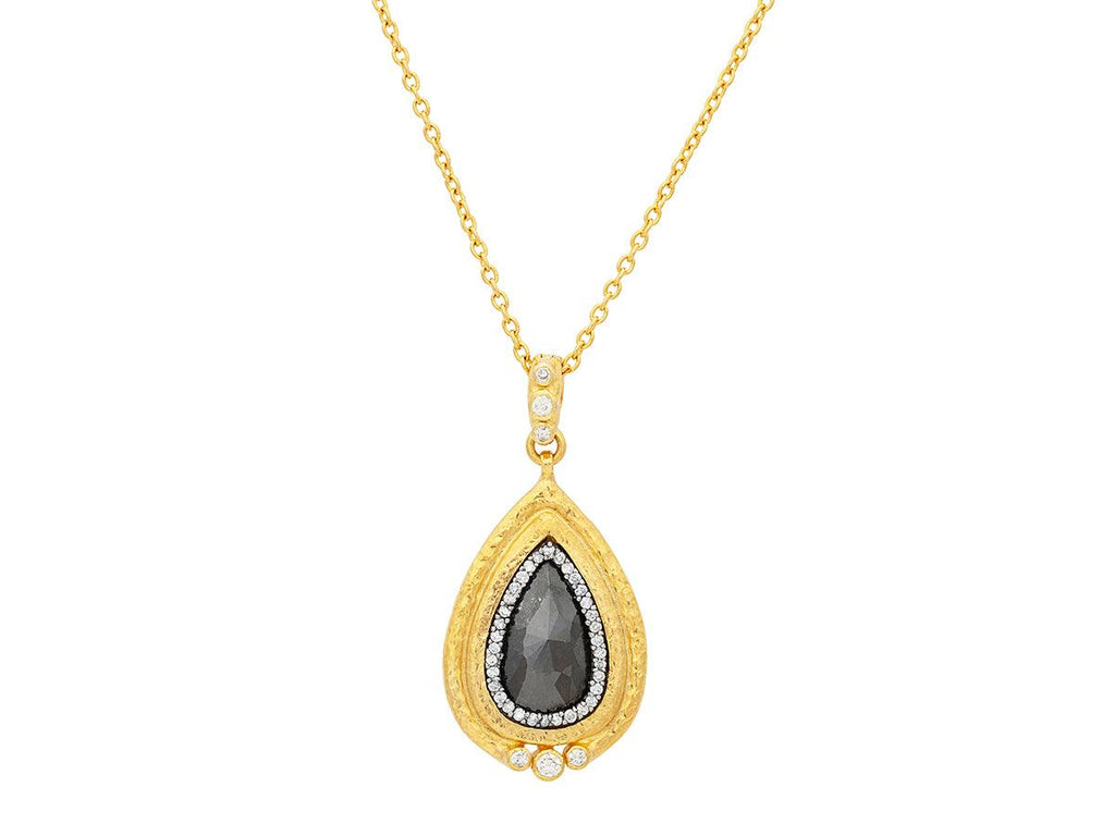 GURHAN, GURHAN Muse Gold Black and White Diamond Pendant Necklace, 16x11mm Teardrop Stone set in Pave and Wide Frame