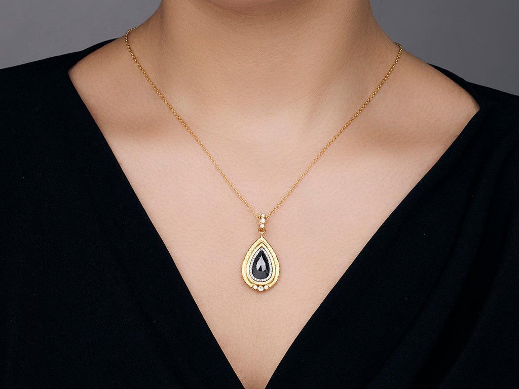 GURHAN, GURHAN Muse Gold Black and White Diamond Pendant Necklace, 16x11mm Teardrop Stone set in Pave and Wide Frame