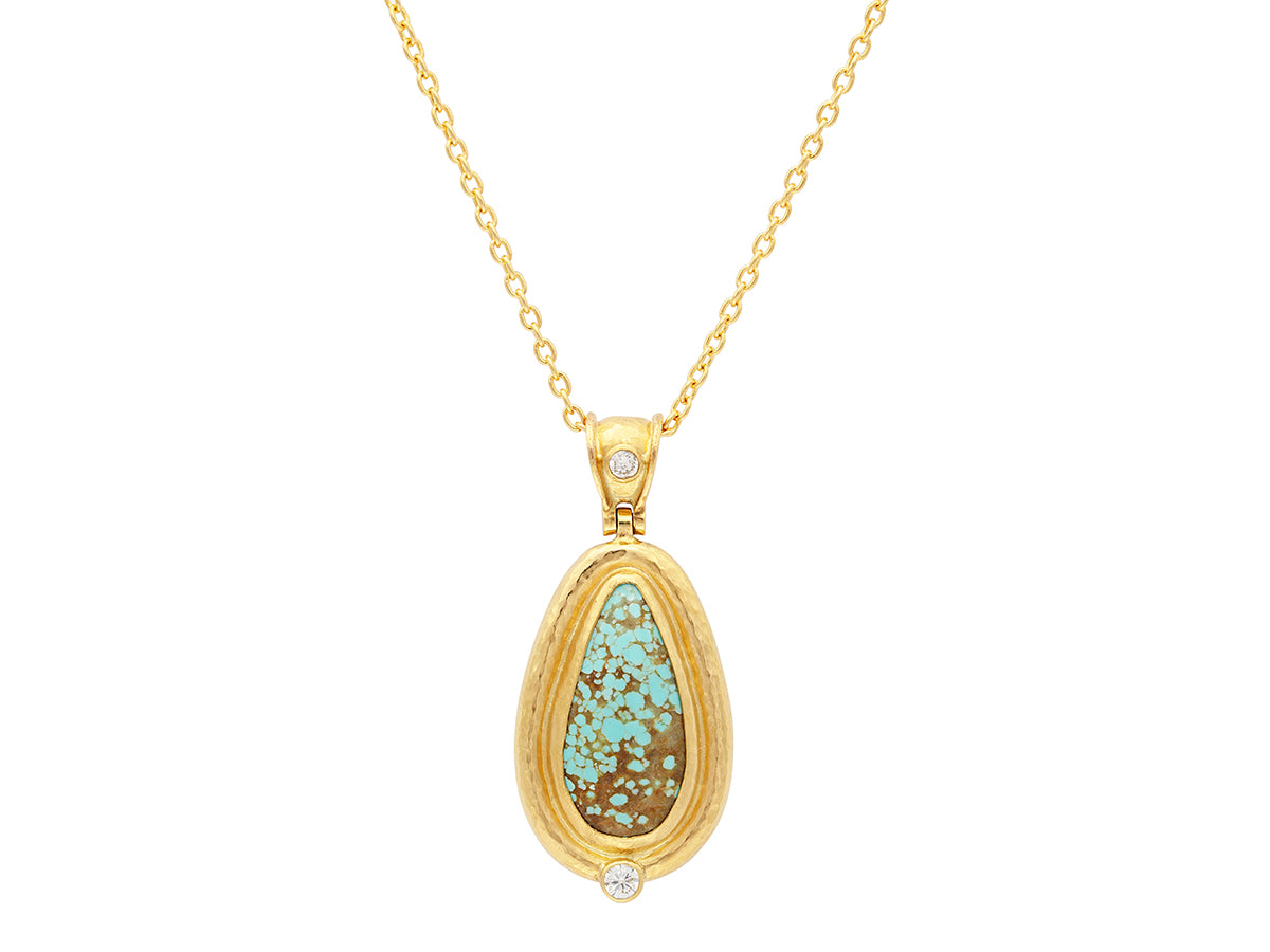 GURHAN, GURHAN Muse Gold Pendant Necklace, 23x12mm Teardrop set in Wide Frame, Turquoise and Diamond