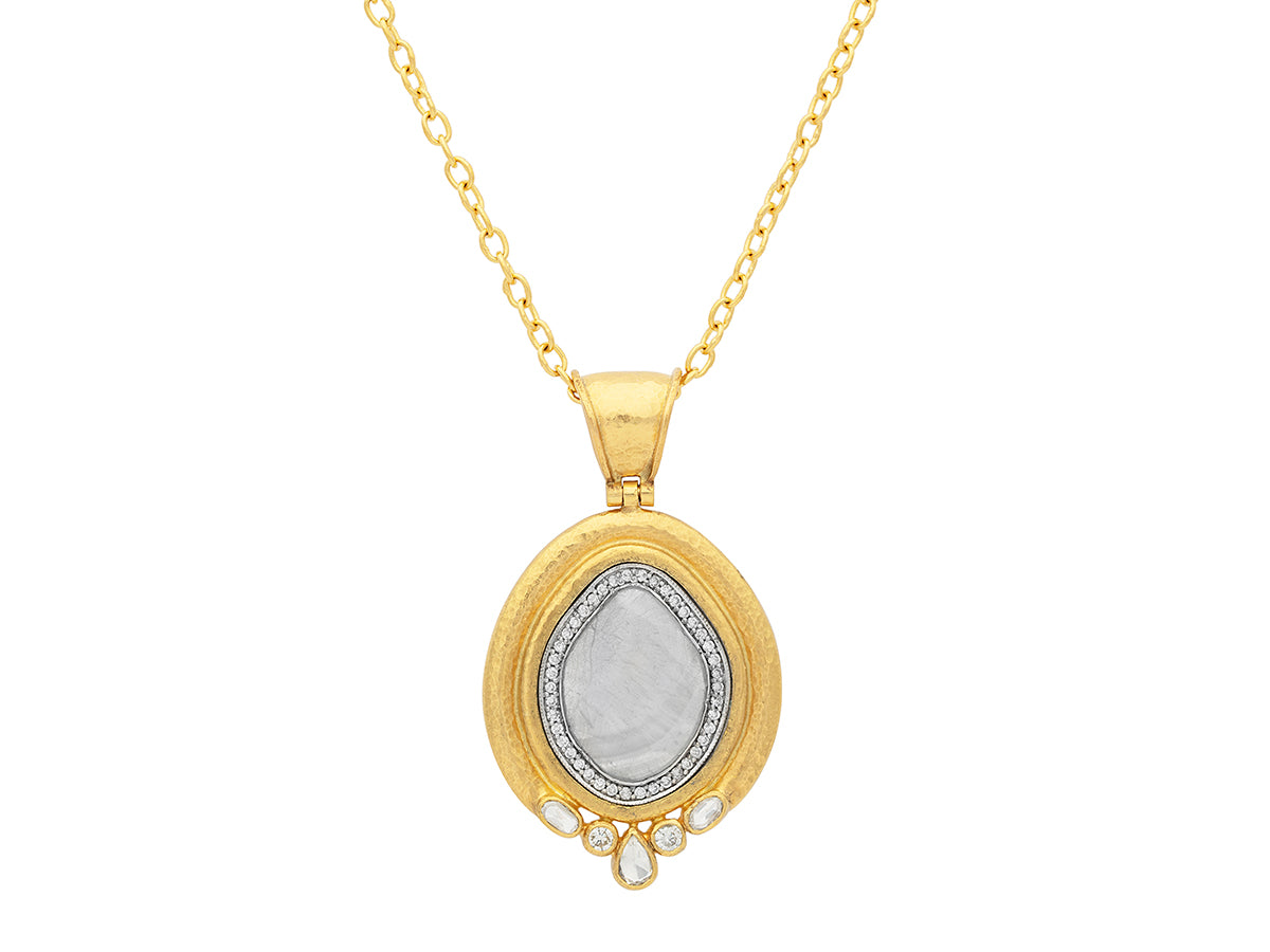 GURHAN, GURHAN Muse Gold Pendant Necklace, 24x20mm Amorphous set in Wide Frame, with Diamond Slice and Pave