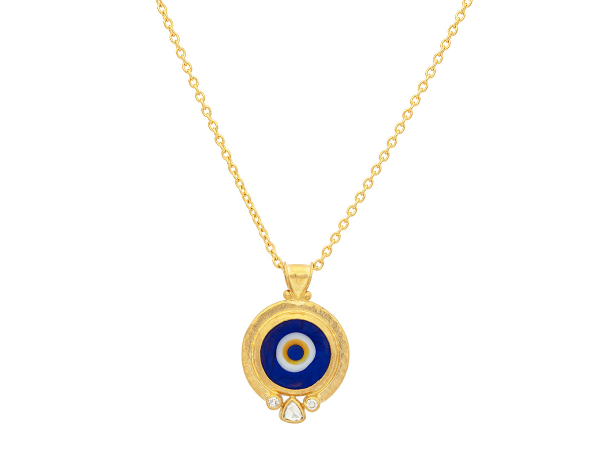 GURHAN, GURHAN Muse Gold Pendant Necklace, 12mm Round Set in Wide Frame, with Evil Eye