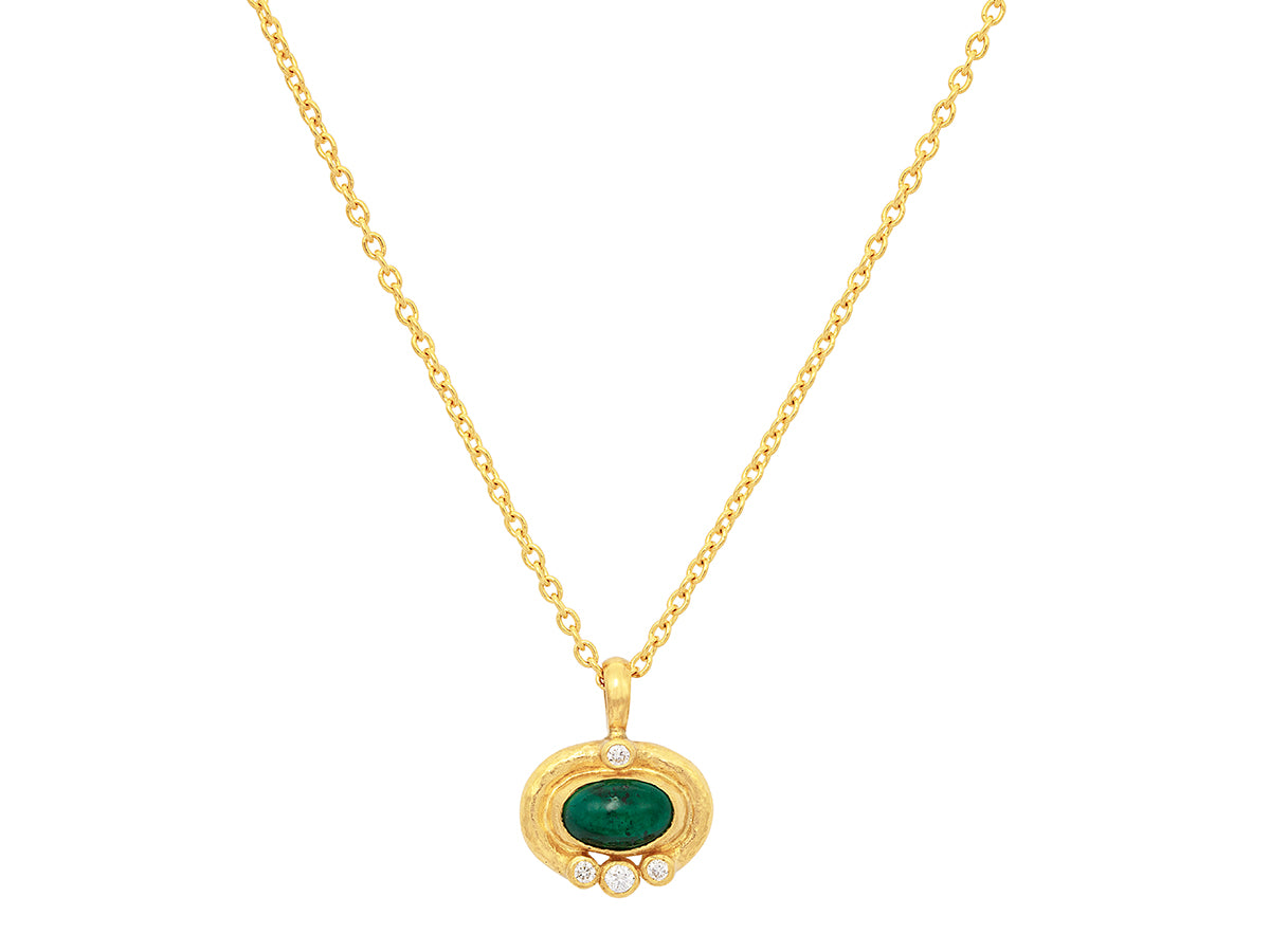 GURHAN, GURHAN Muse Gold Pendant Necklace, 8x5mm Oval set in Wide Frame, with Emerald and Diamond