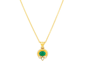 GURHAN, GURHAN Muse Gold Pendant Necklace, 8x6mm Oval set in Wide Frame, Emerald and Diamond