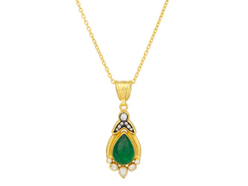 GURHAN, GURHAN Muse Gold Emerald Pendant Necklace, 15x11mm Teardrop Set in Wide Frame