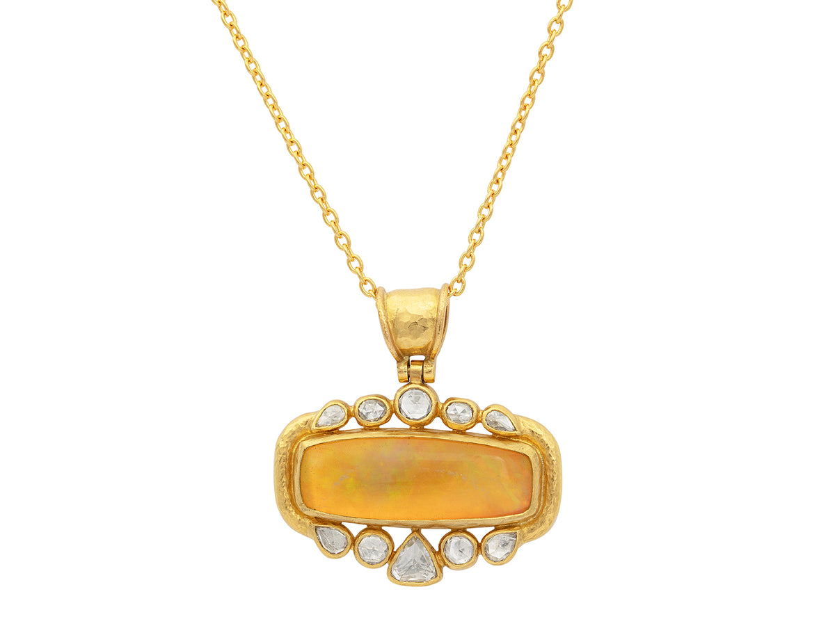 GURHAN, GURHAN Muse Gold Pendant Necklace, 29x11mm Rectangle set in Wide Frame, with Opal and Diamond