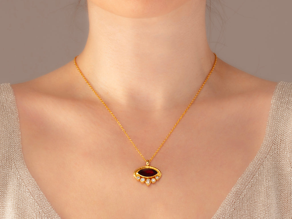 GURHAN, GURHAN Muse Gold Garnet Pendant Necklace, 16x8mm Marquise set in Wide Frame