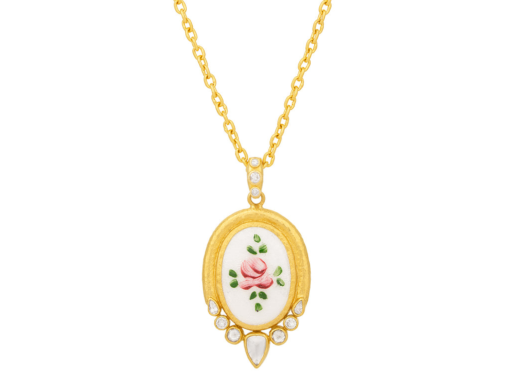 GURHAN, GURHAN Muse Gold Guilloche Enamel Pendant Necklace, 25x18mm Oval set in Wide Frame