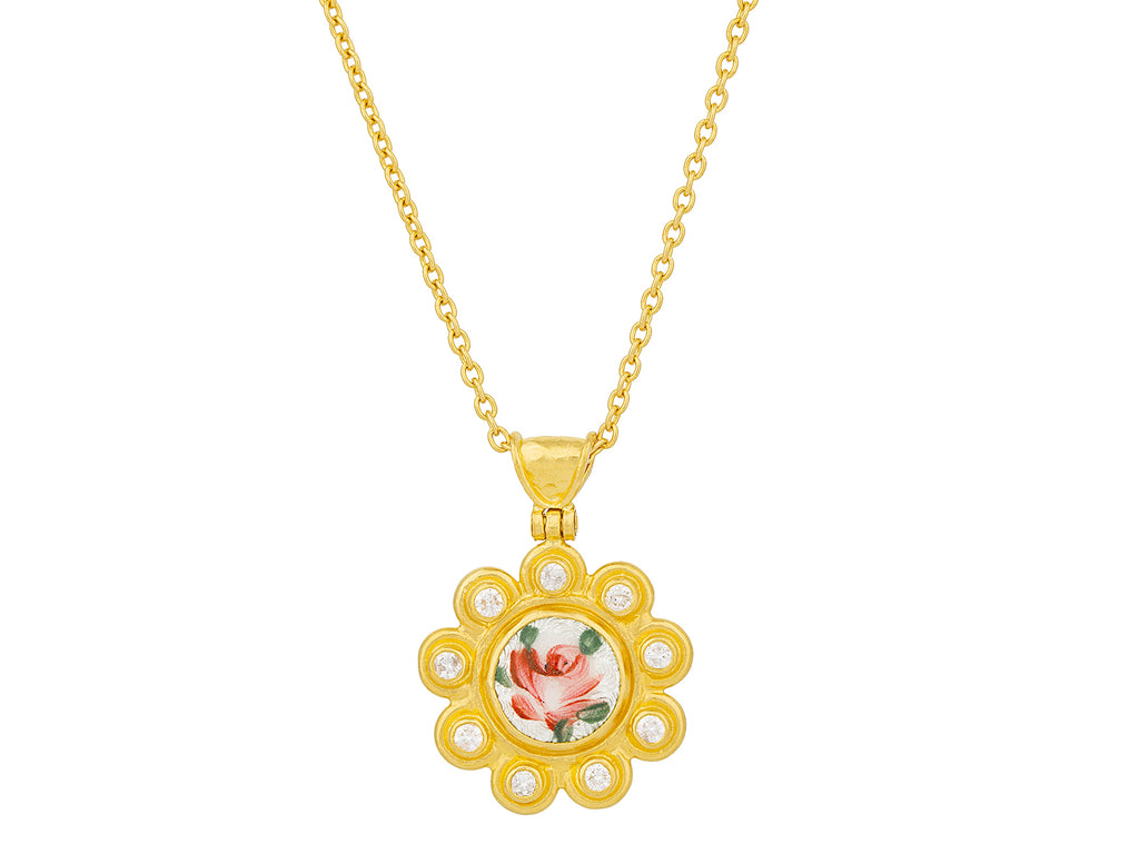 GURHAN, GURHAN Muse Gold Guilloche Enamel Pendant Necklace, 9mm Round set in Diamond Frame