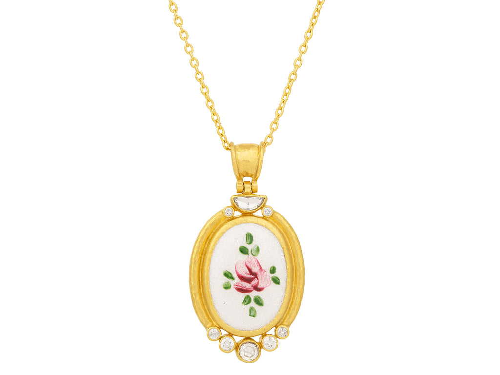 GURHAN, GURHAN Muse Gold Guilloche Enamel Pendant Necklace, 25x18mm Oval set in Wide Frame