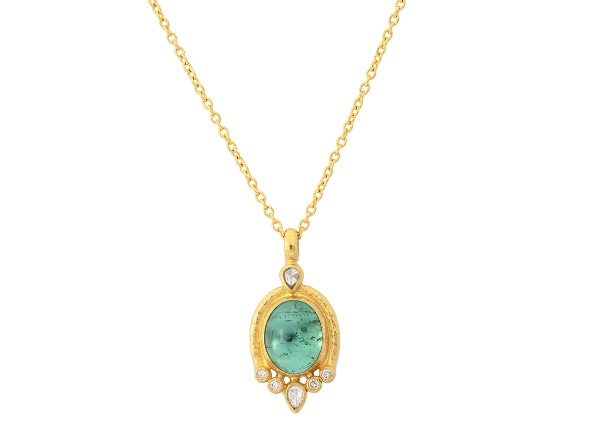 GURHAN, GURHAN Muse Gold Pendant Necklace, 12x10mm Oval Set in Wide Frame, with Tourmaline and Diamond