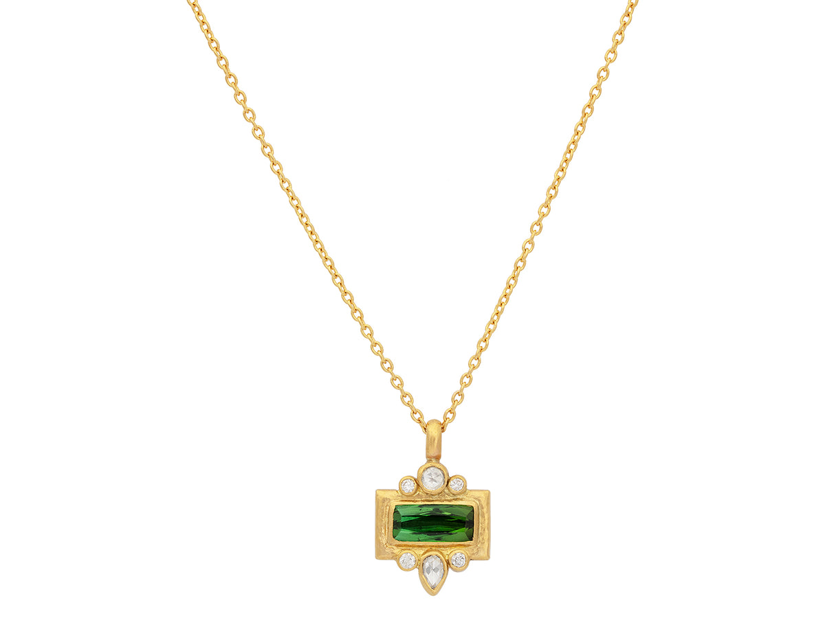 GURHAN, GURHAN Muse Gold Pendant Necklace, 11x5mm Rectangle set in Wide Frame, with Tourmaline and Diamond