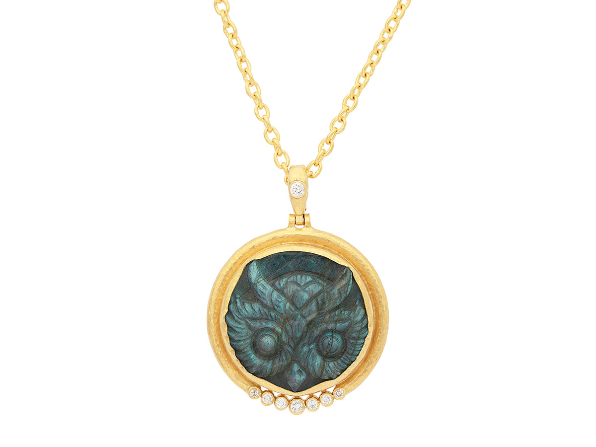 GURHAN, GURHAN Muse Gold Pendant Necklace, 30mm Carved Owl set in Wide Frame, Labradorite and Diamond