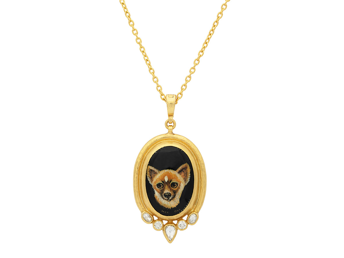GURHAN, GURHAN Muse Gold Pendant Necklace, Hand Painted Chihuahua Miniature, with Onyx
