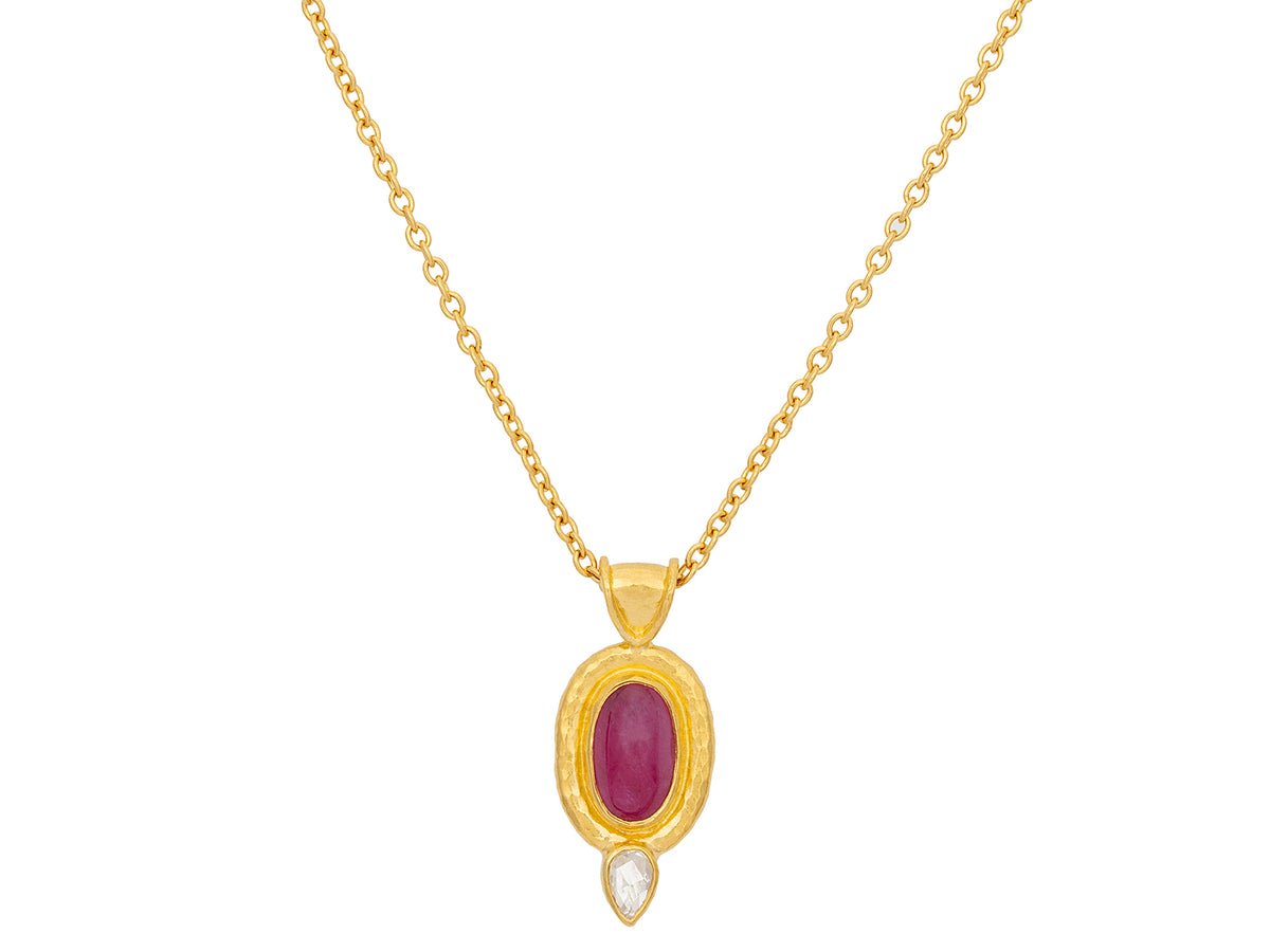 GURHAN, GURHAN Muse Gold Pendant Necklace, 10x6mm Oval set in Wide Frame, Ruby and Diamond