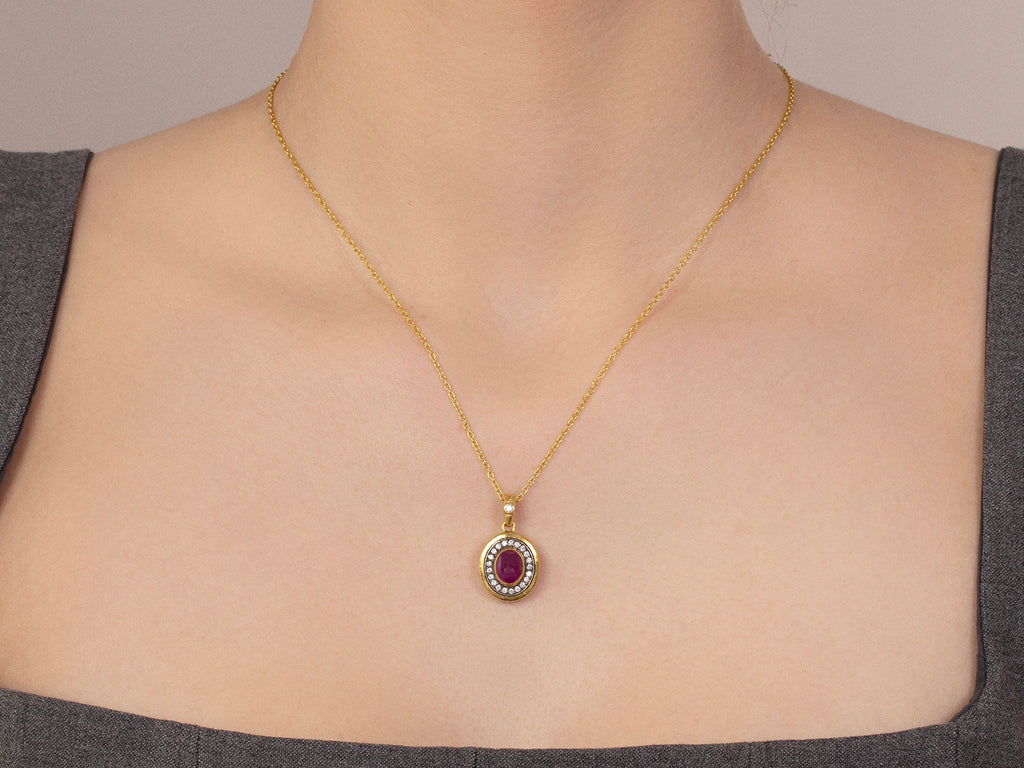 GURHAN, GURHAN Muse Gold Ruby Pendant Necklace, 9x7mm Oval set in Blackened White Gold Frame