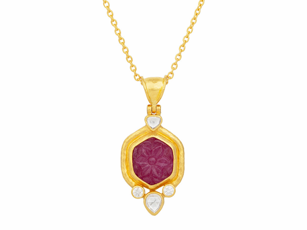 GURHAN, GURHAN Muse Gold Ruby Pendant Necklace, 14x12mm Hexagon set in Wide Frame