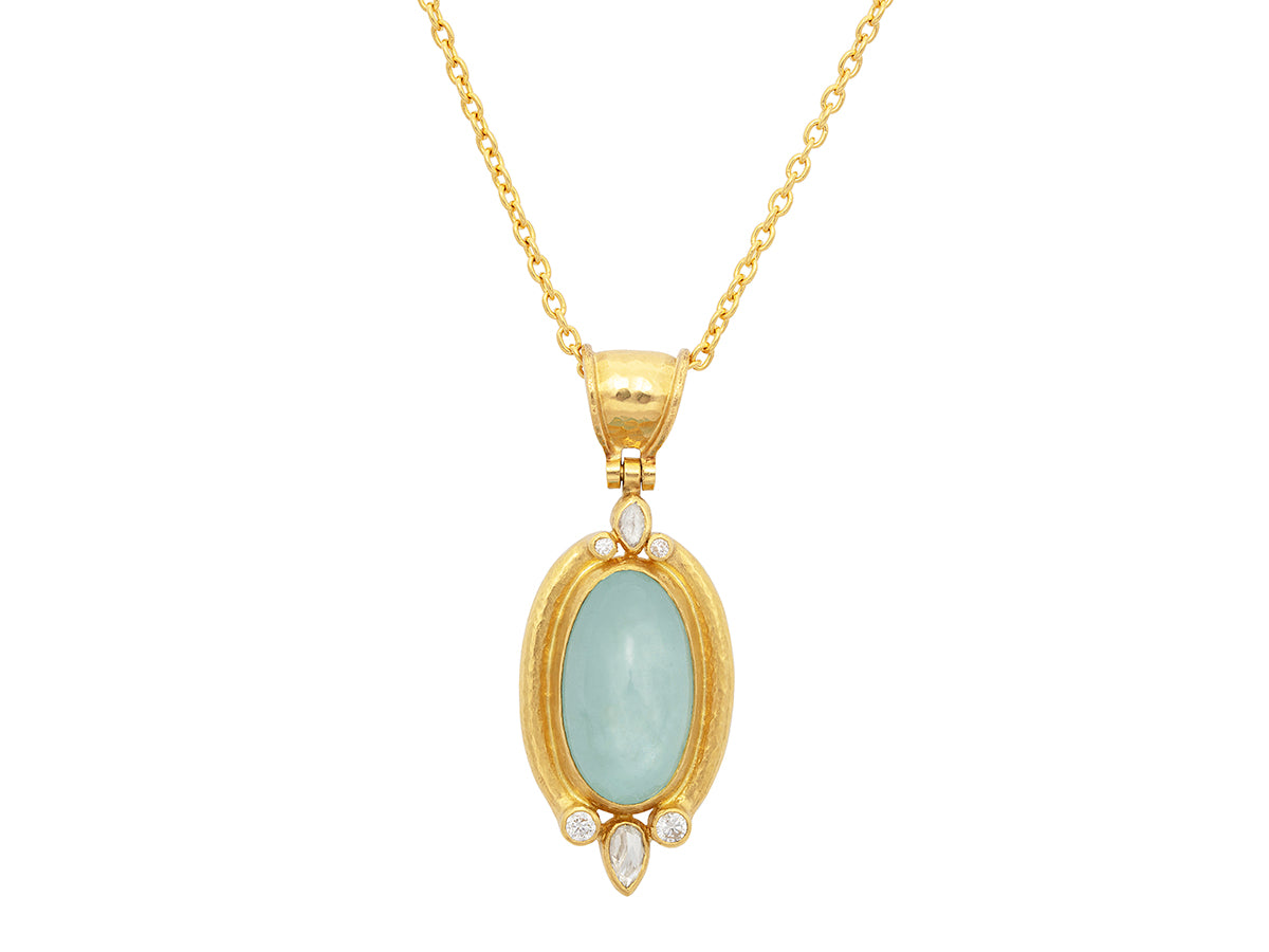 GURHAN, GURHAN Muse Gold Pendant Necklace, 20x13mm Oval set in Wide Frame, with Star Aquamarine and Diamond
