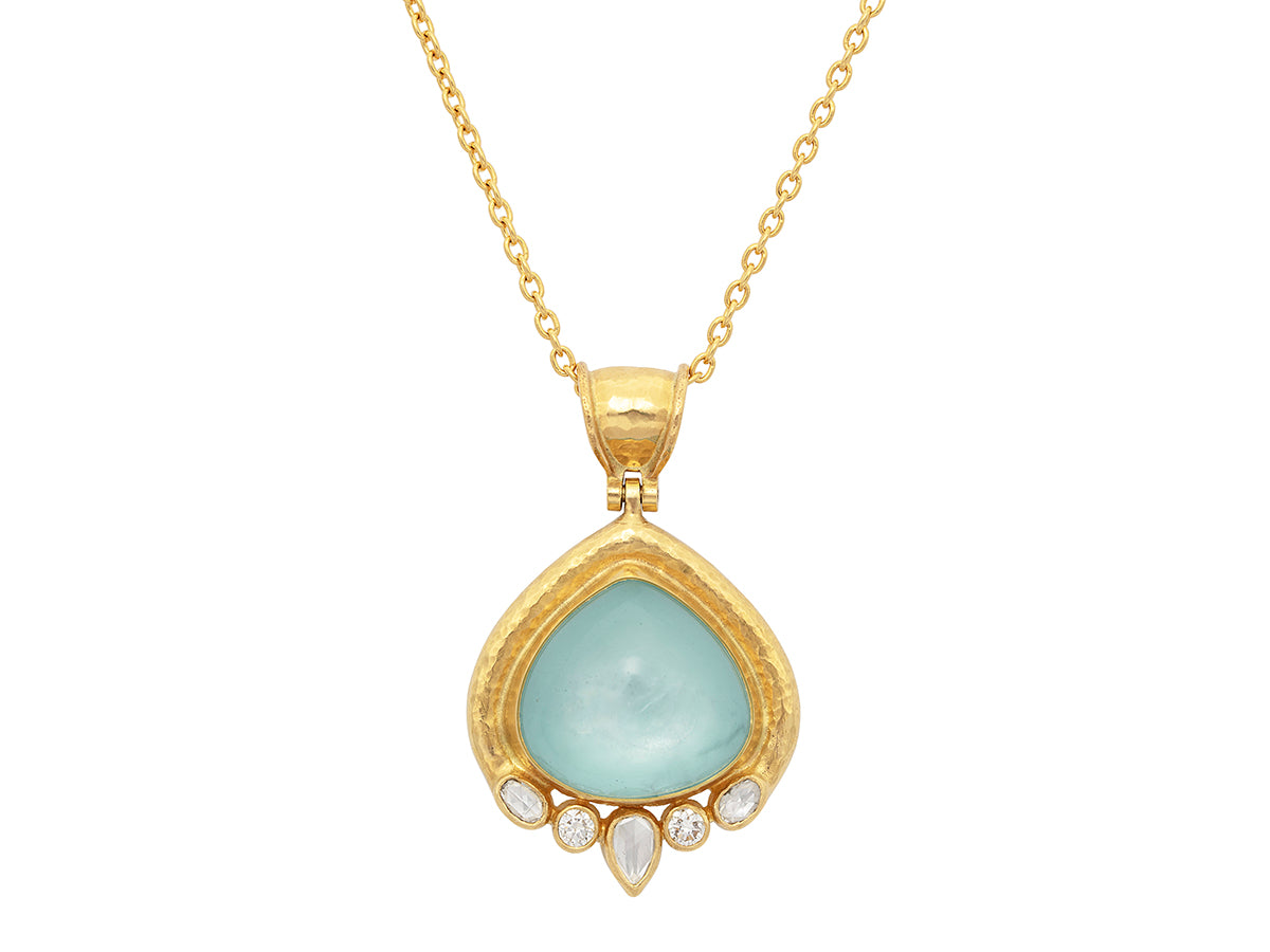 GURHAN, GURHAN Muse Gold Pendant Necklace, 19x17mm Teardrop set in Wide Frame, with Star Aquamarine and Diamond