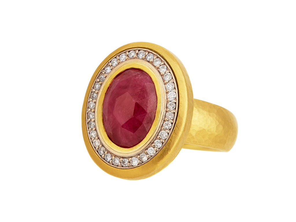 GURHAN, GURHAN Muse Gold Ruby Cocktail Ring, 13x10mm Oval Inside Diamond Pave Frame