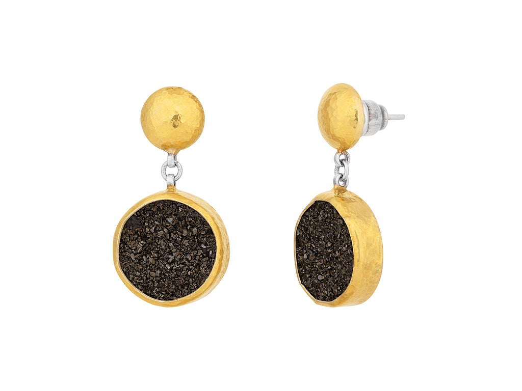 GURHAN, GURHAN Mystere Sterling Silver Drusy Quartz Single Drop Earrings, 15mm Round on Post Top, Gold Accents